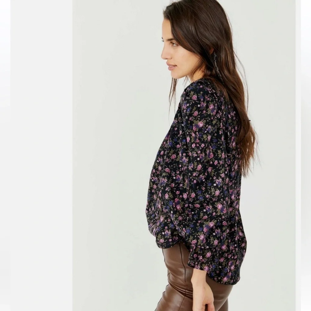 Free People Black Puff Sleeve Blouse with Ruffled Tie Front